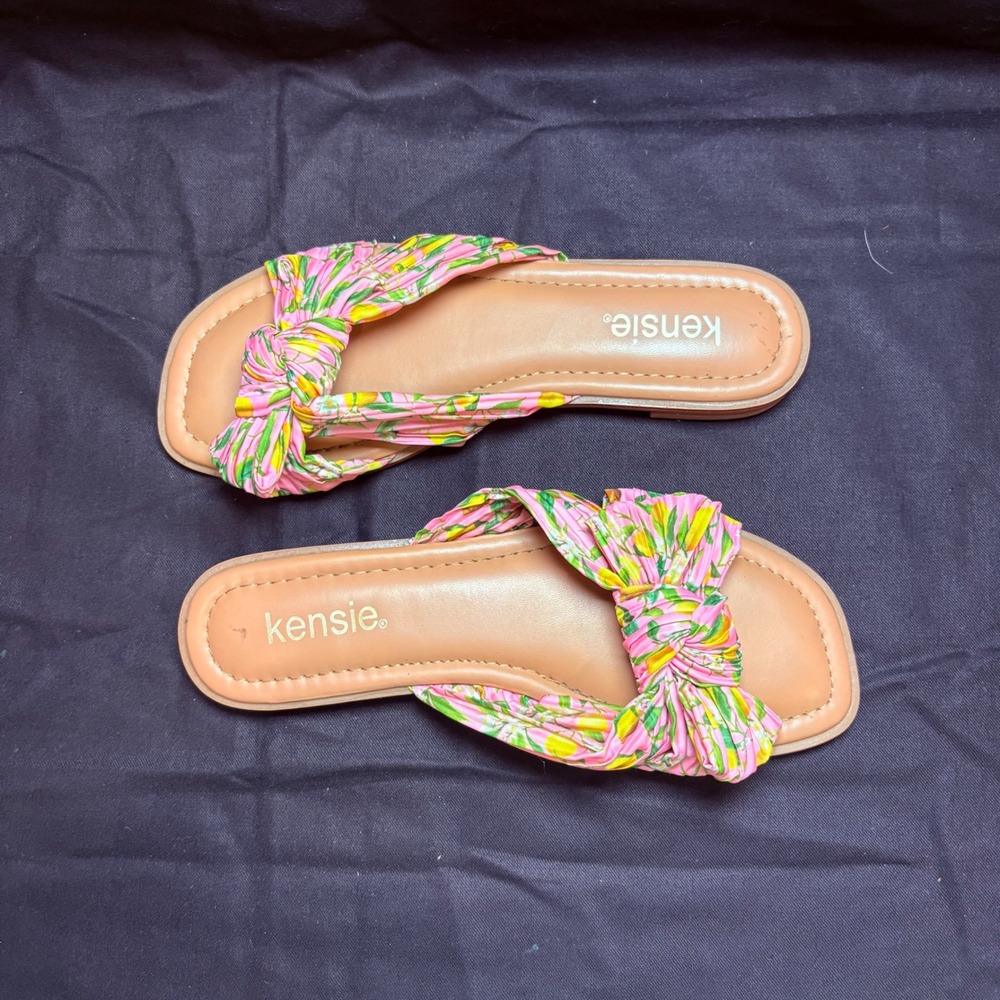 Kensie Penata Floral Knotted Bow Slide Sandals Pink Yellow Green Flat Womens‎ 7M